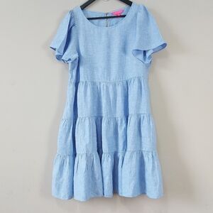 Lilly Pulitzer Jocelyn Linen Tiered Swing Dress XL Blue Short Sleeve Crewneck